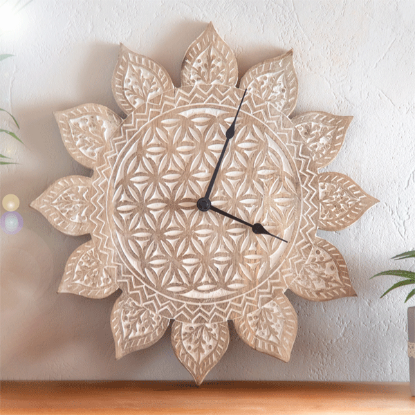 Energie-Uhr »Blume des Lebens«, Mangoholz, Ø 38 cm