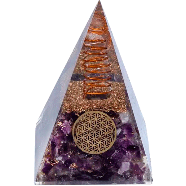 Hohe Orgonit-Pyramide Amethyst »Blume des Lebens«, 5x5x8cm