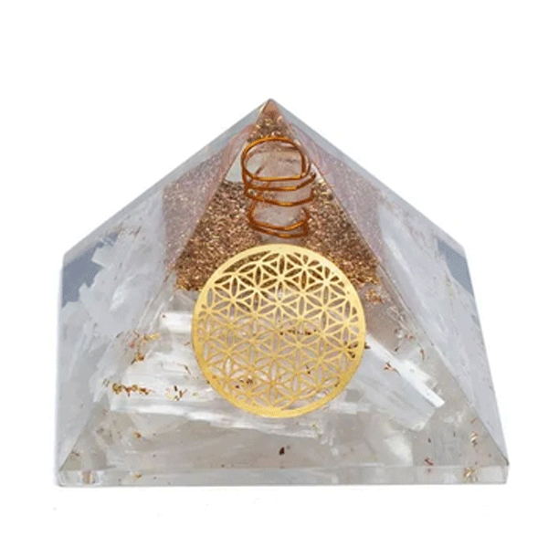 Orgonit Pyramide »Selenit - Blume des Lebens« 7x7x6cm
